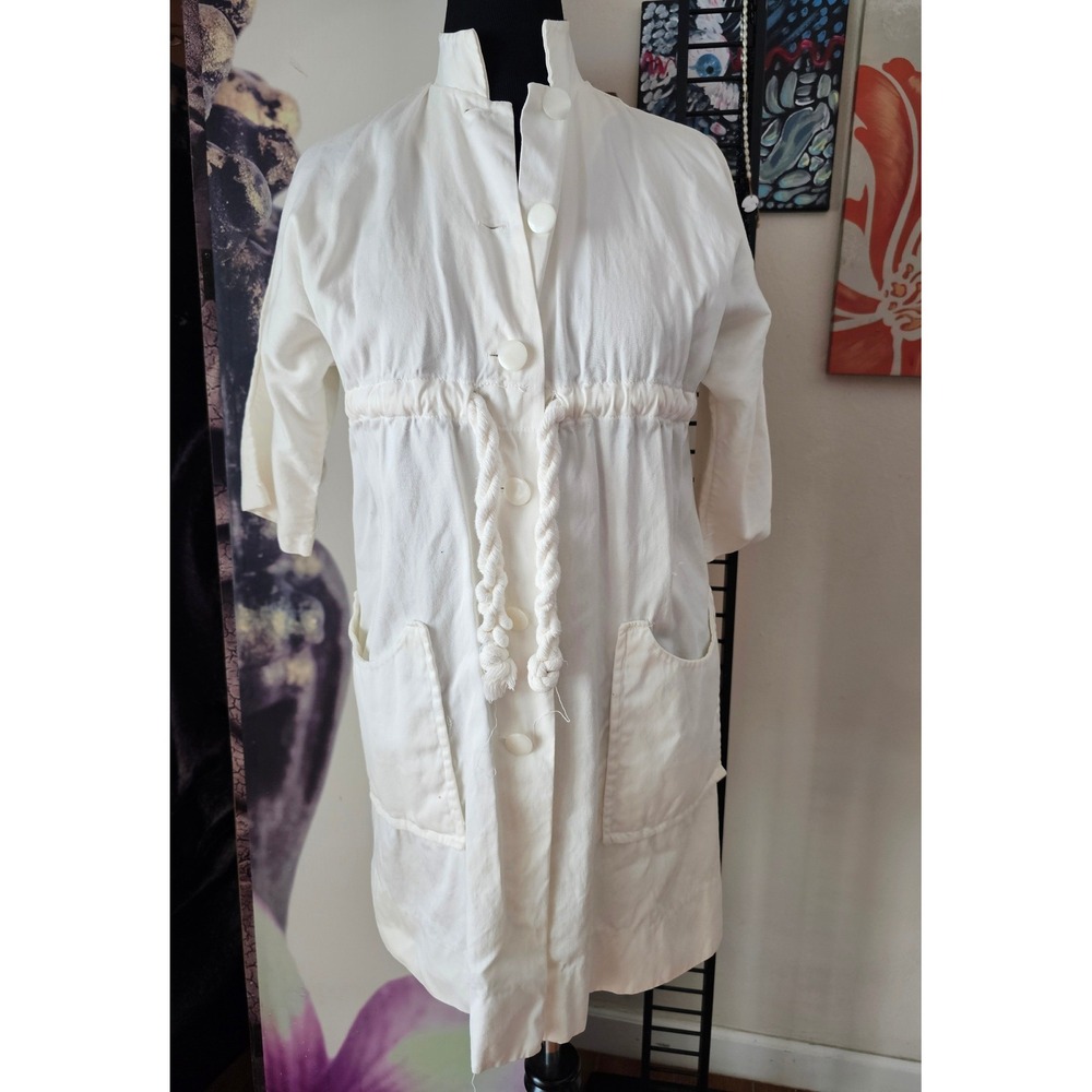 Vintage Herbcraft White Cotton Utility Jacket Rope Drawstring Nautical Safari